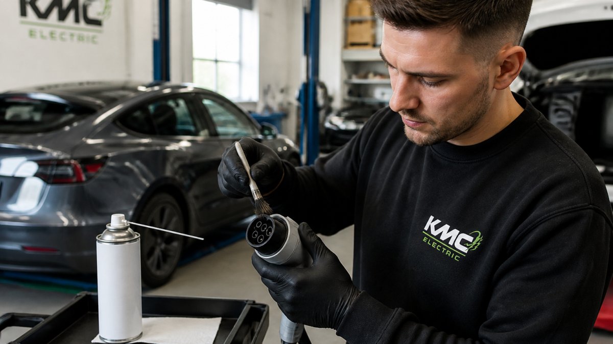 Professional demonstrating how to clean electric vehicle charging pins with soft brush and contact cleaner, showing proper hand positioning and protective technique in well-lit workshop setting