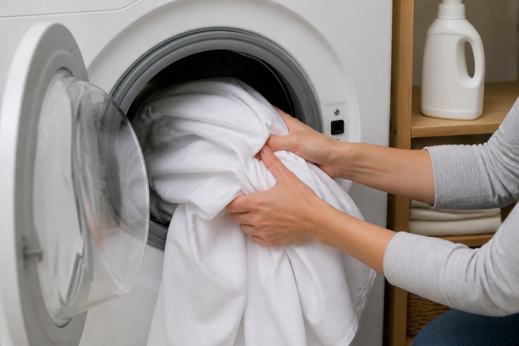 Close-up of hands loading a large white polyester tablecloth into a front-loading washing machine set to a cold water gentle cycle, with a bottle of mild detergent visible on the shelf nearby
