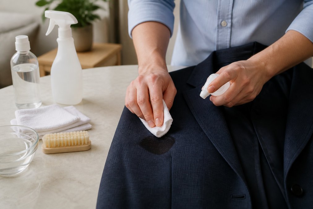 Close-up of hands treating a fresh stain on a professional work blazer with a cloth and stain removal solution, natural daylight illuminating the fabric detail
