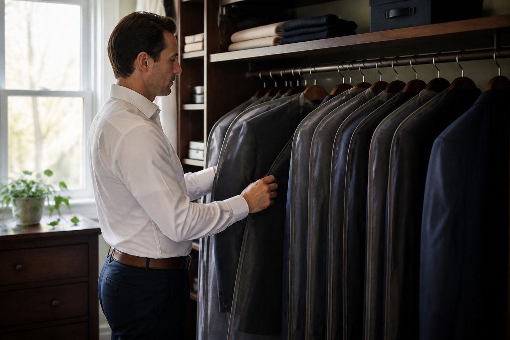 Organized closet with professional work clothes hanging on padded hangers properly spaced and covered with garment bags, soft natural lighting from a window