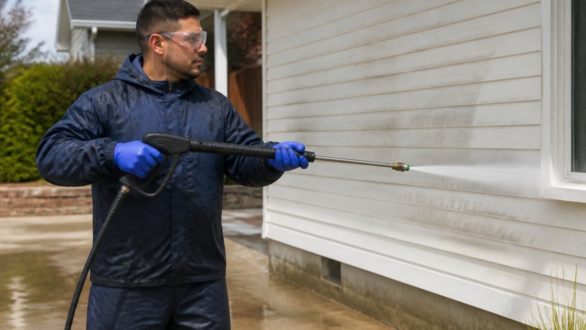 Professional wearing safety goggles, heavy-duty gloves, and protective clothing while holding a pressure washer nozzle, standing on a residential driveway with house siding visible in the background