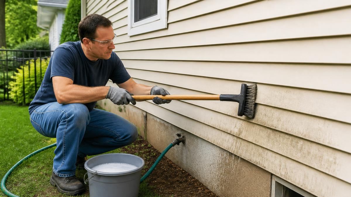 Homeowner using a soft-bristle brush to scrub beige vinyl siding on a sunny day