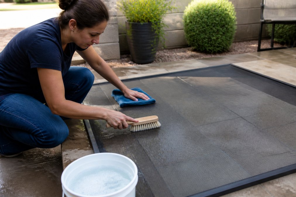 Homeowner using a soft-bristled brush and microfiber cloth to gently clean a mesh fabric sun screen frame, with a bucket of soapy water nearby and natural outdoor lighting