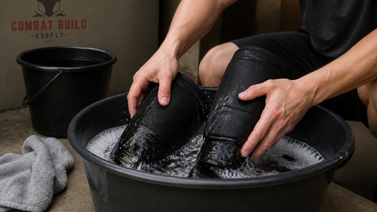 Close-up of hands submerging fabric shin guards in a basin of soapy water, showing water splashing slightly as guards are placed in the basin