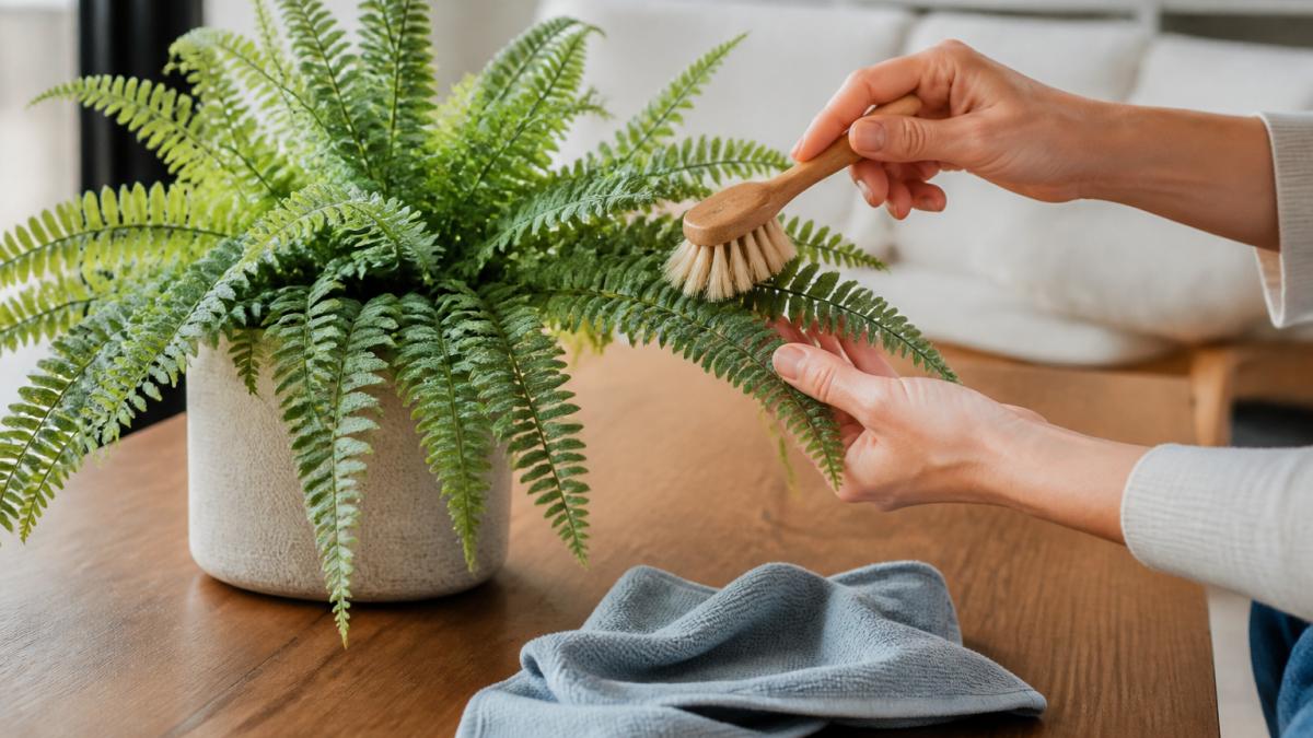 Step-by-step guide showing how to use a soft brush to remove dust from artificial fern leaves