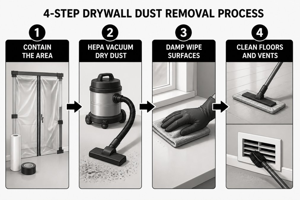 Flowchart showing the 4-step drywall dust removal process: contain the area, HEPA vacuum dry dust, damp wipe surfaces, then clean floors and vents last