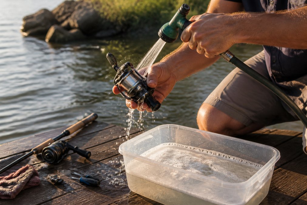 Close-up of an angler's hands holding a spinning reel under a gentle stream of freshwater from a garden hose, a plastic bucket of soapy water sitting on a wooden dock beside them, late afternoon sunlight catching the water spray