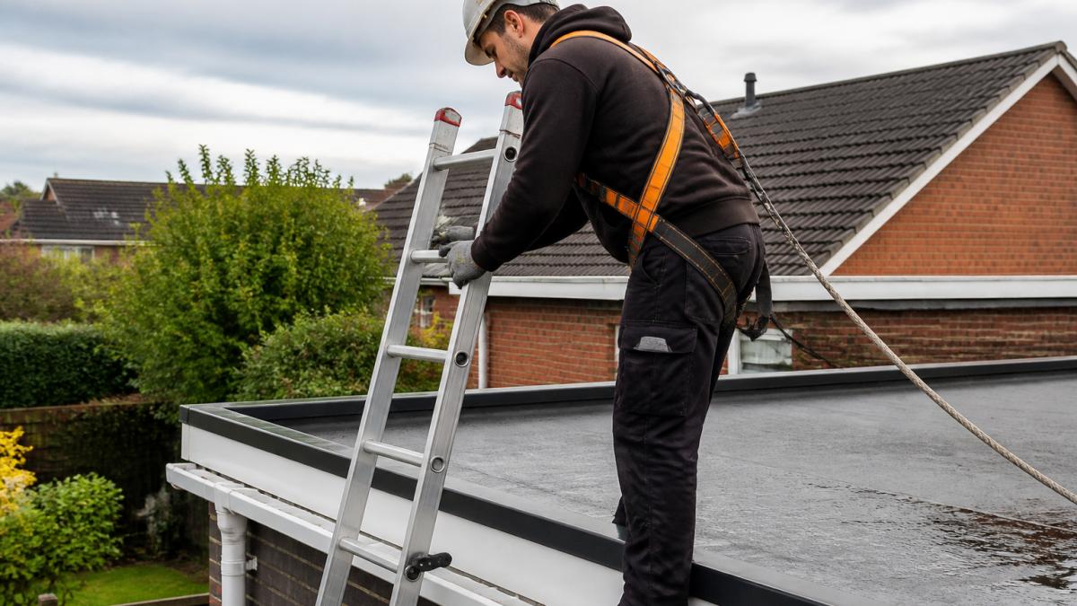 Professional roofer securing a ladder against a flat roof with safety harness, hard hat, and non-slip footwear visible, demonstrating proper access setup on a residential property