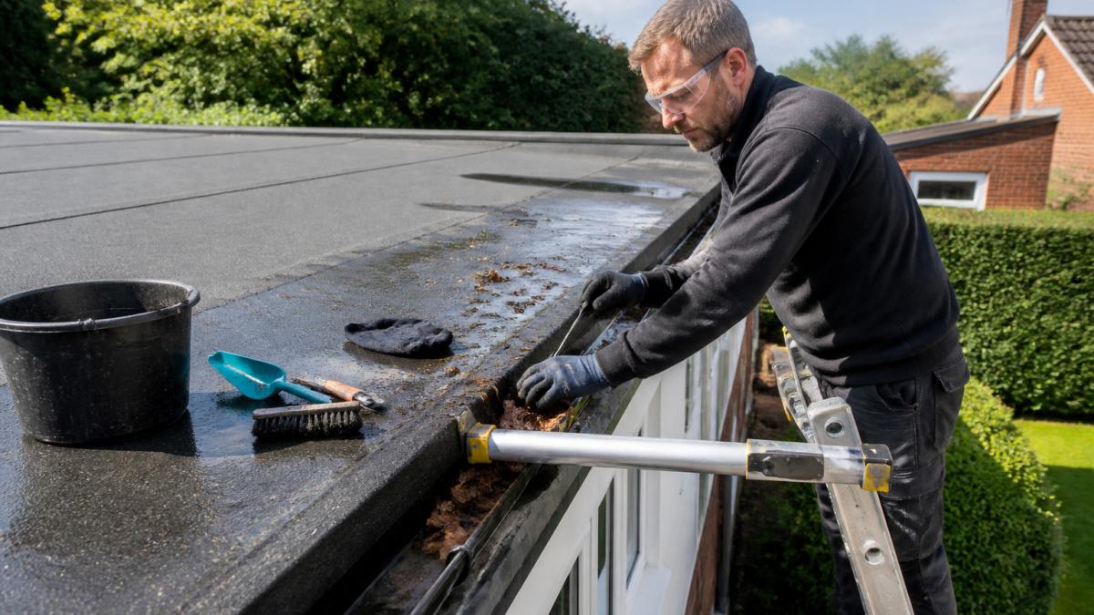 Professional wearing safety gear using a ladder to clean flat roof gutters safely.