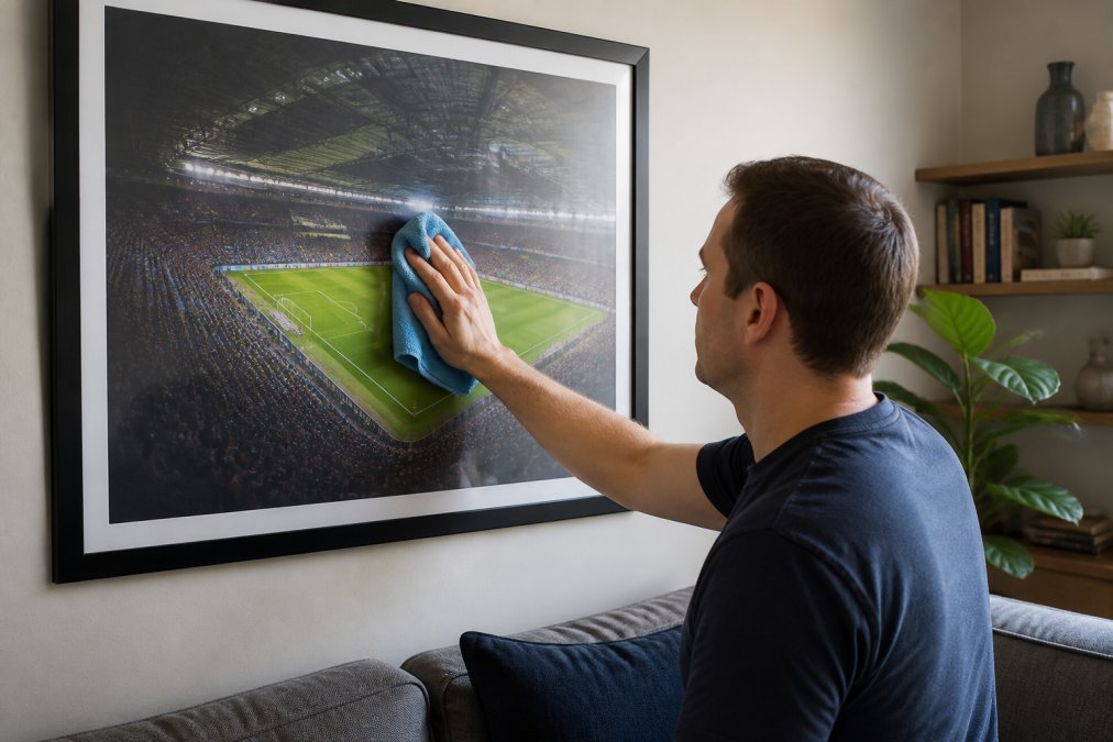 Person using a microfiber cloth to clean framed stadium prints on a wall