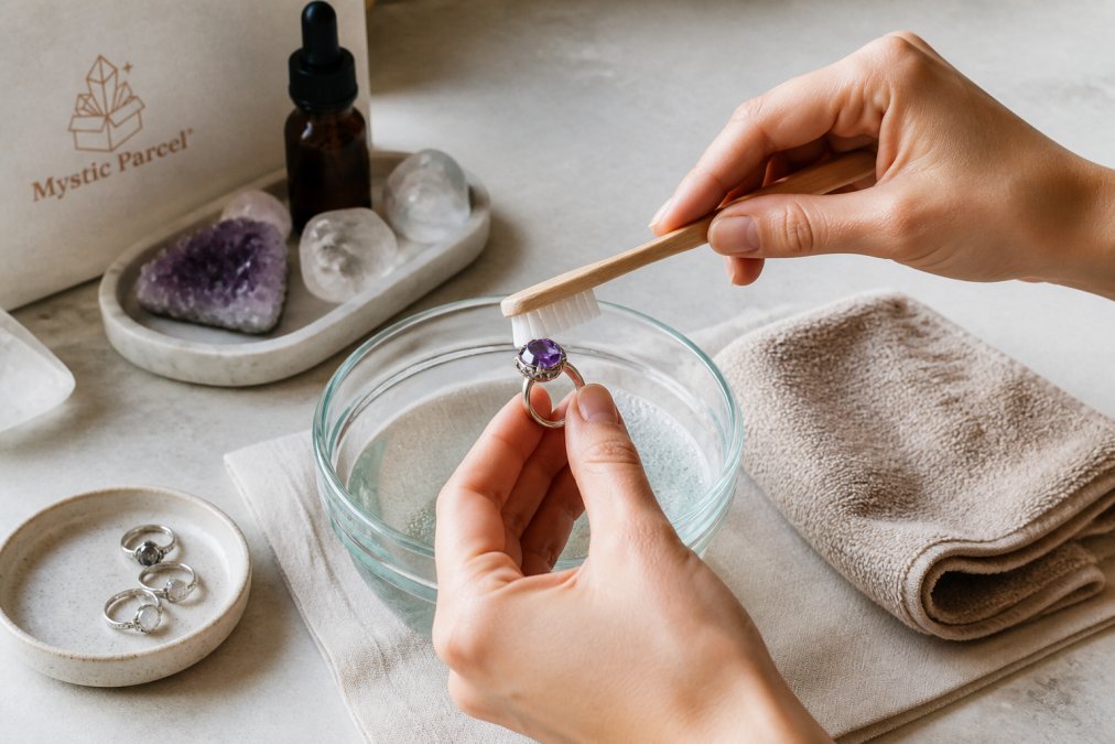 Hands using a soft toothbrush to clean gemstone jewelry in a bowl of soapy water on a clean cloth.
