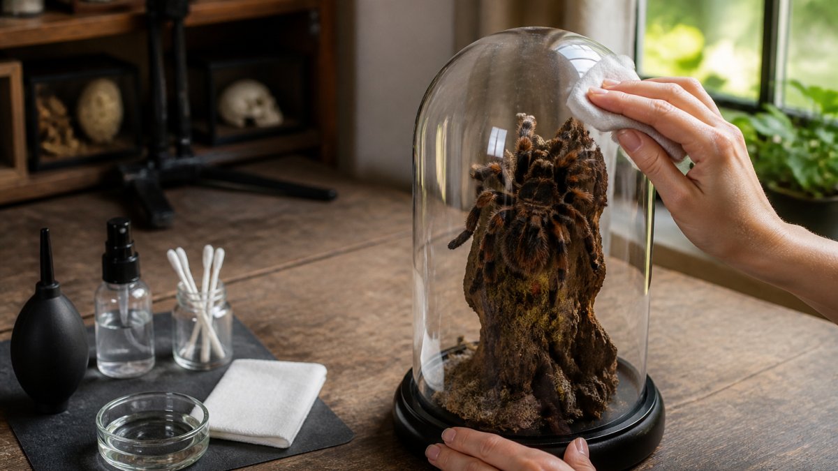 Hands gently wiping a glass dome with a microfiber cloth to clean the surface around a delicate specimen.