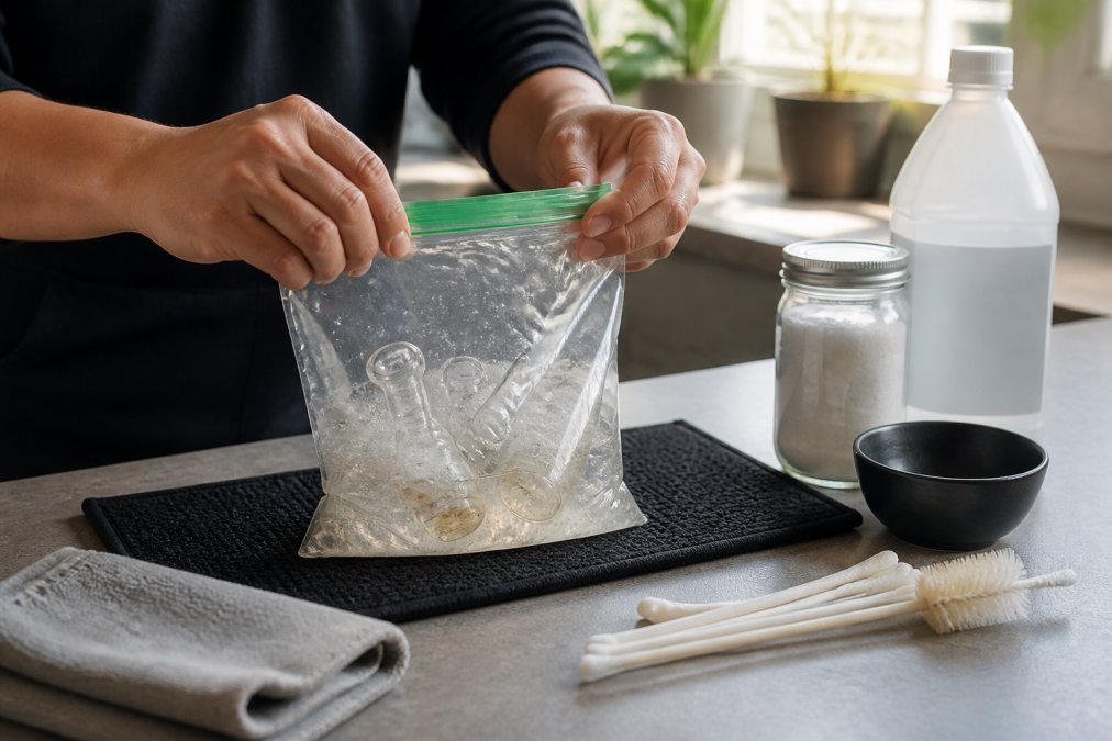 Close-up of hands soaking glass bong pieces in a resealable bag filled with isopropyl alcohol and coarse salt, with cleaning supplies organized on a clean countertop in natural lighting