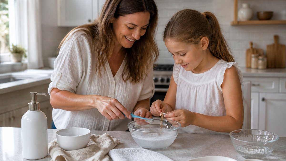 Parent and daughter at a kitchen counter gently cleaning a delicate gold necklace in a small bowl of soapy water with a soft toothbrush and cloth nearby, warm natural light