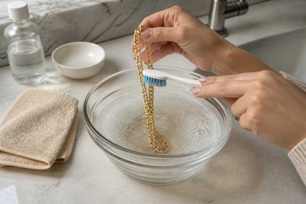 Close-up of hands gently cleaning a gold plated chain with a soft-bristled toothbrush over a bowl of soapy warm water on a bathroom counter