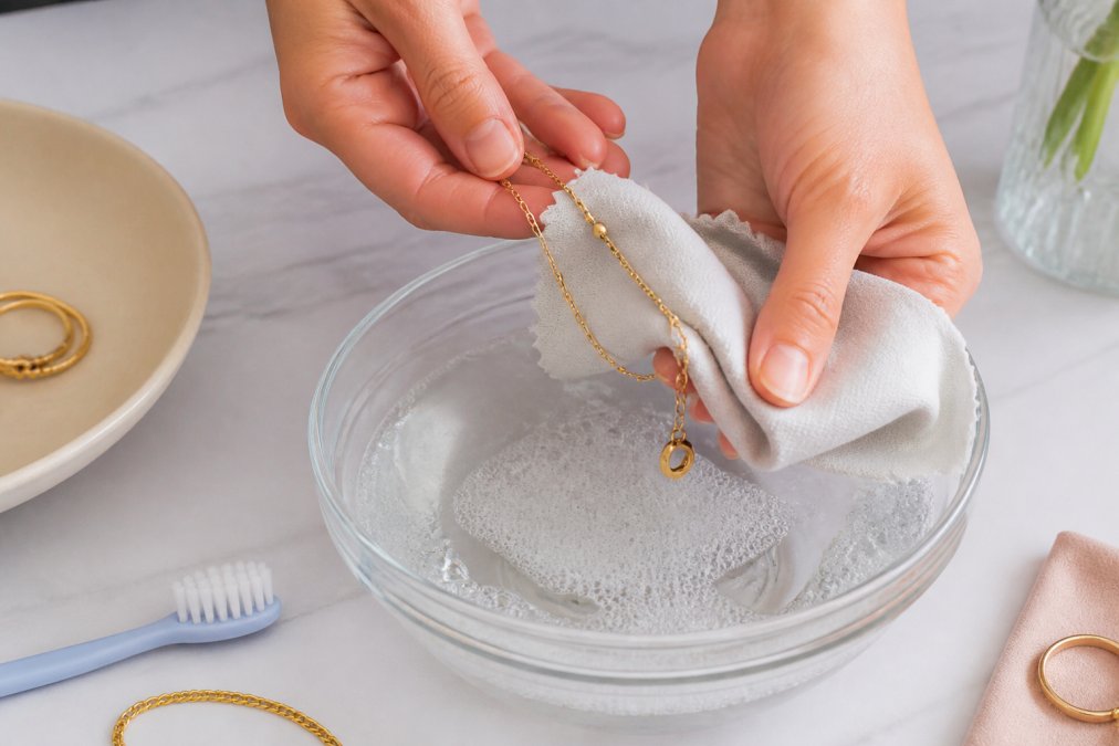 A person gently wiping a gold plated necklace with a soft microfiber cloth over a bowl of warm soapy water on a clean table