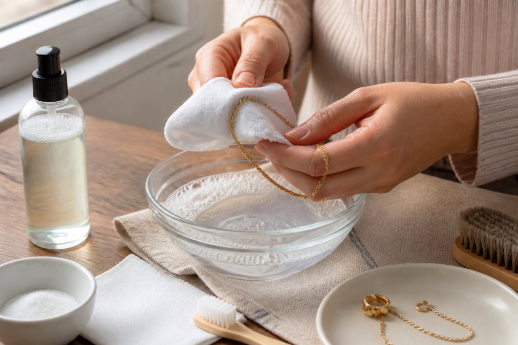 Close-up of hands gently cleaning a gold plated necklace with a soft microfiber cloth over a bowl of warm soapy water, soft natural window lighting