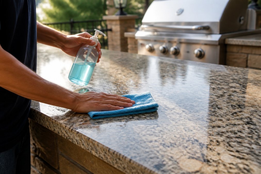 Close-up of hands using microfiber cloth to wipe down granite outdoor countertop surface with warm water and mild dish soap, natural sunlight reflecting off the stone