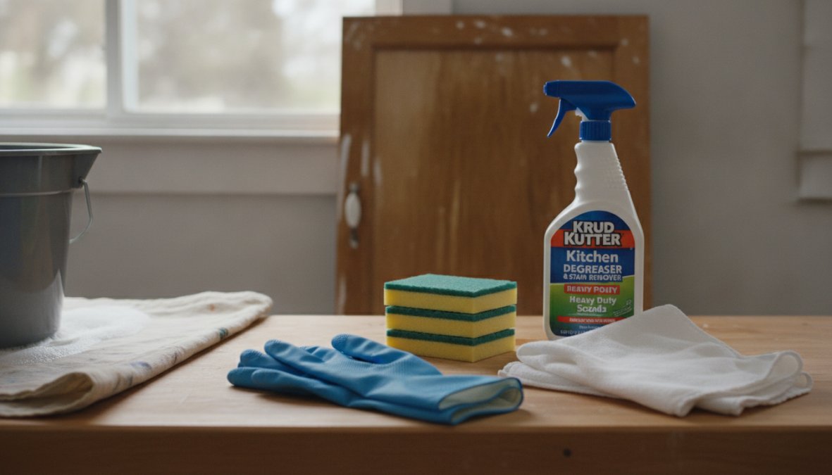Close-up of a person wearing yellow rubber gloves scrubbing a greasy wooden kitchen cabinet door with a green Scotch-Brite pad, a spray bottle of Krud Kutter degreaser sitting on the counter nearby, bright natural window light