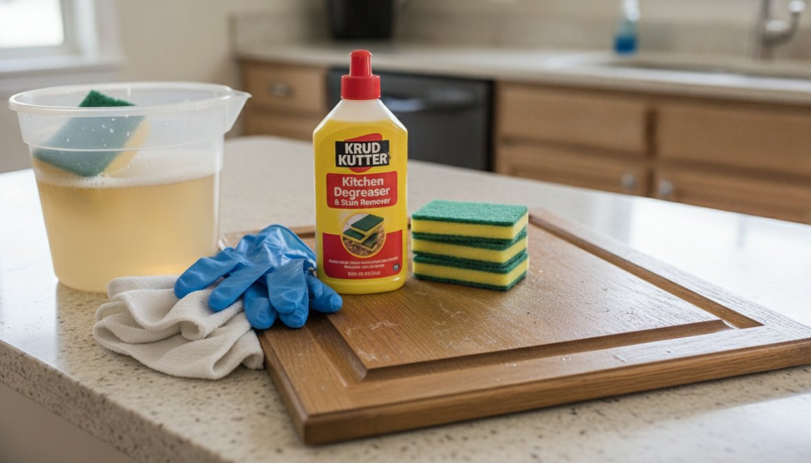 A freshly cleaned and lightly sanded kitchen cabinet door laid flat on a wooden workbench, with a tack cloth, folded sandpaper, and a can of Zinsser BIN shellac primer arranged beside it in a bright, well-lit workshop