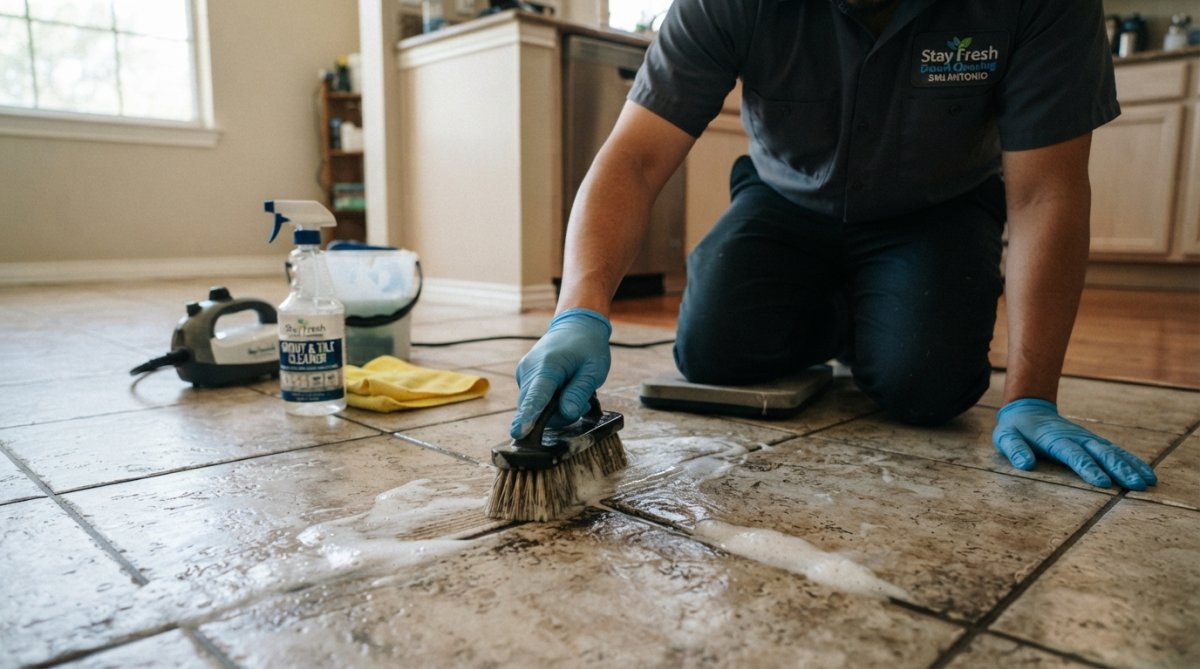 Close-up of a hand holding a stiff-bristled grout brush actively scrubbing dirty grout lines between white ceramic bathroom tiles, with cleaning solution visible on the tile surface and water droplets catching light
