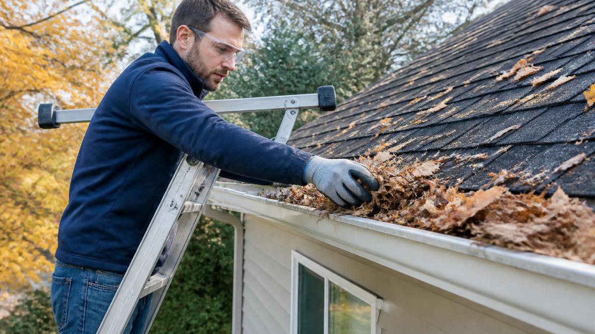 Homeowner wearing protective gear using a ladder stabilizer to clean gutters safely of autumn leaves