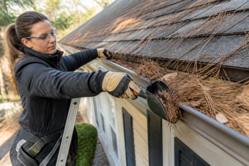 Homeowner on a stable ladder wearing work gloves and safety gear, using a gutter scoop to remove accumulated pine needles and debris from a residential gutter under clear daylight