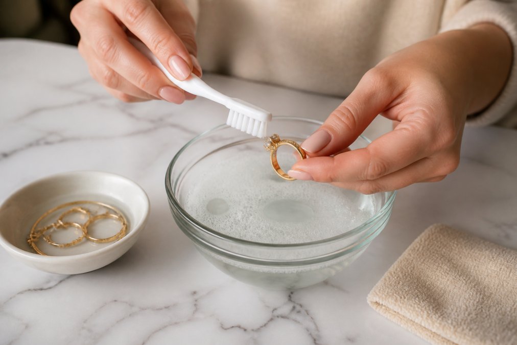 Close-up of a woman's hands gently scrubbing a gold ring with a soft-bristled toothbrush over a bowl of soapy water, with a microfiber cloth and jewelry dish on a marble countertop