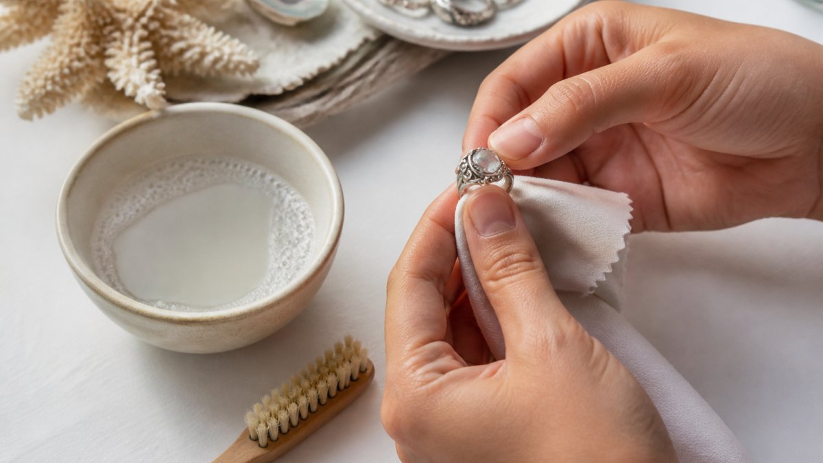 Close-up of hands gently polishing a handmade sterling silver ring with a soft microfiber cloth on a clean white surface, with a small bowl of lukewarm soapy water and a soft-bristled brush nearby