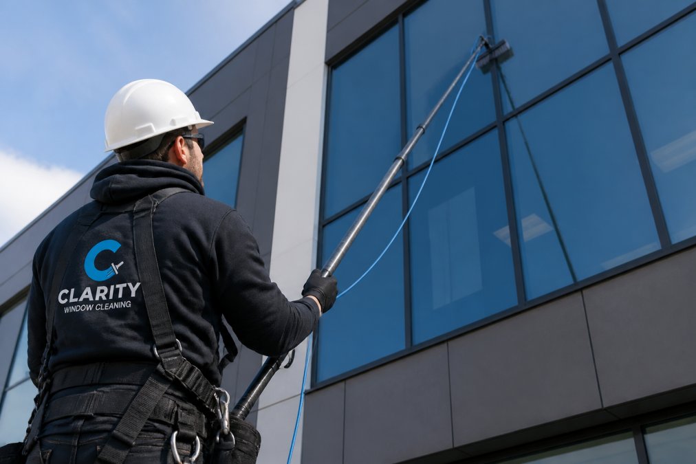 Professional window cleaner using a telescoping water-fed pole to reach high exterior windows on a commercial building, wearing a safety harness and hard hat, clean glass reflecting daylight