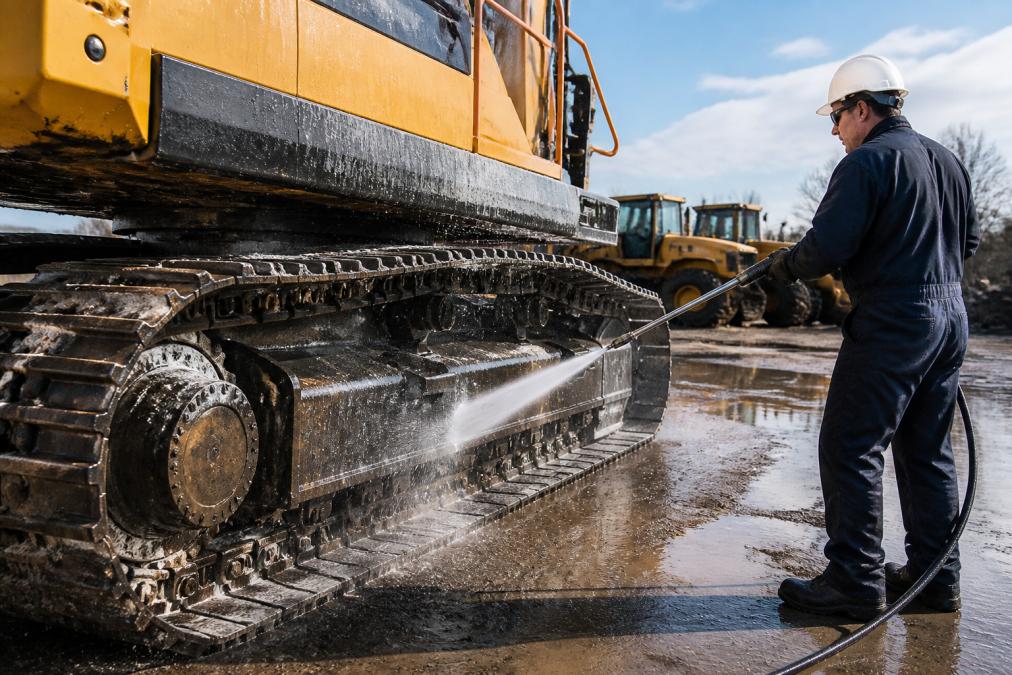 Professional demonstrating pressure washing technique on heavy equipment undercarriage with water streaming off cleaned metal surfaces and visible dirt removal