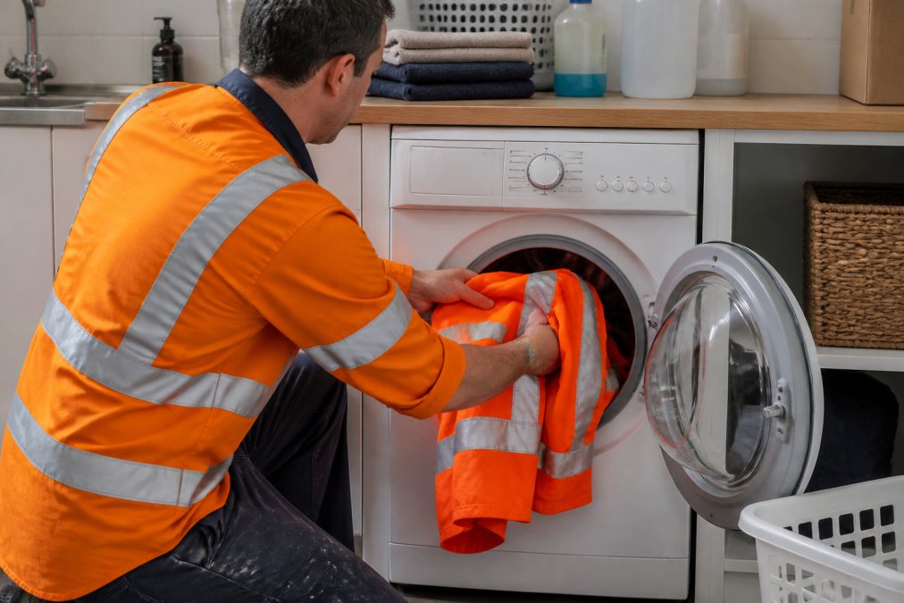 A worker in an orange hi-vis shirt placing the garment into a front-loading washing machine, set to a cold gentle cycle