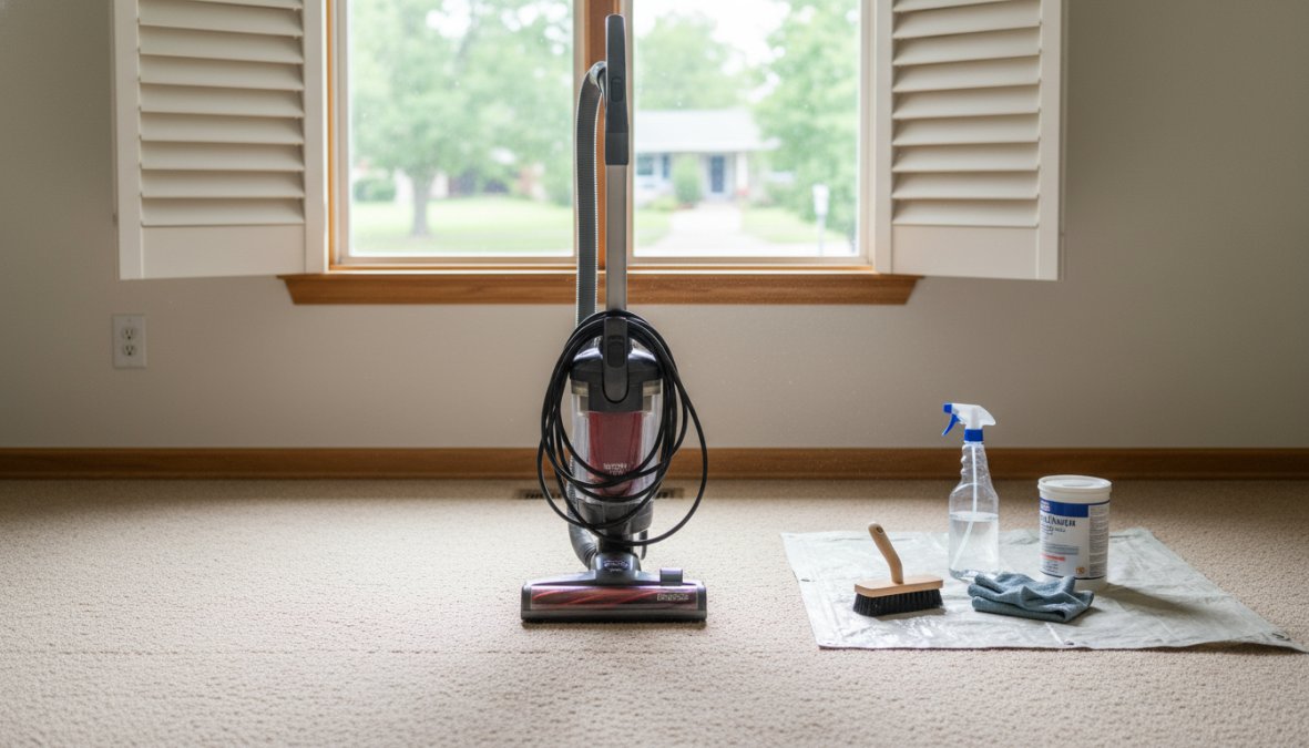 A person vacuuming a visibly worn, darkened carpet trail in a home hallway, using an upright vacuum with a brush roll attachment, natural daylight coming through a nearby window
