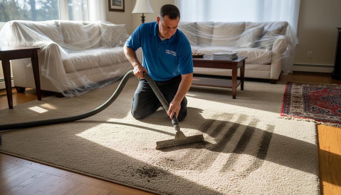 A professional carpet cleaning technician operating a truck-mounted hot water extraction hose on a heavily soiled residential carpet, wearing a branded uniform in a well-lit living room