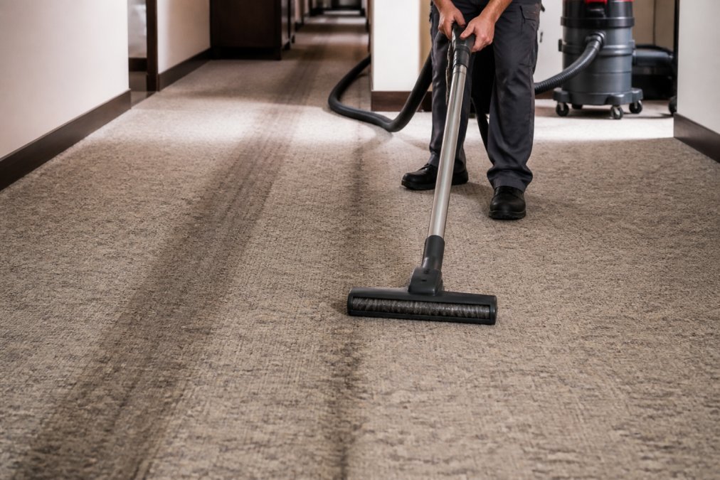 Step-by-step diagram showing the vacuuming process for a high traffic carpet hallway