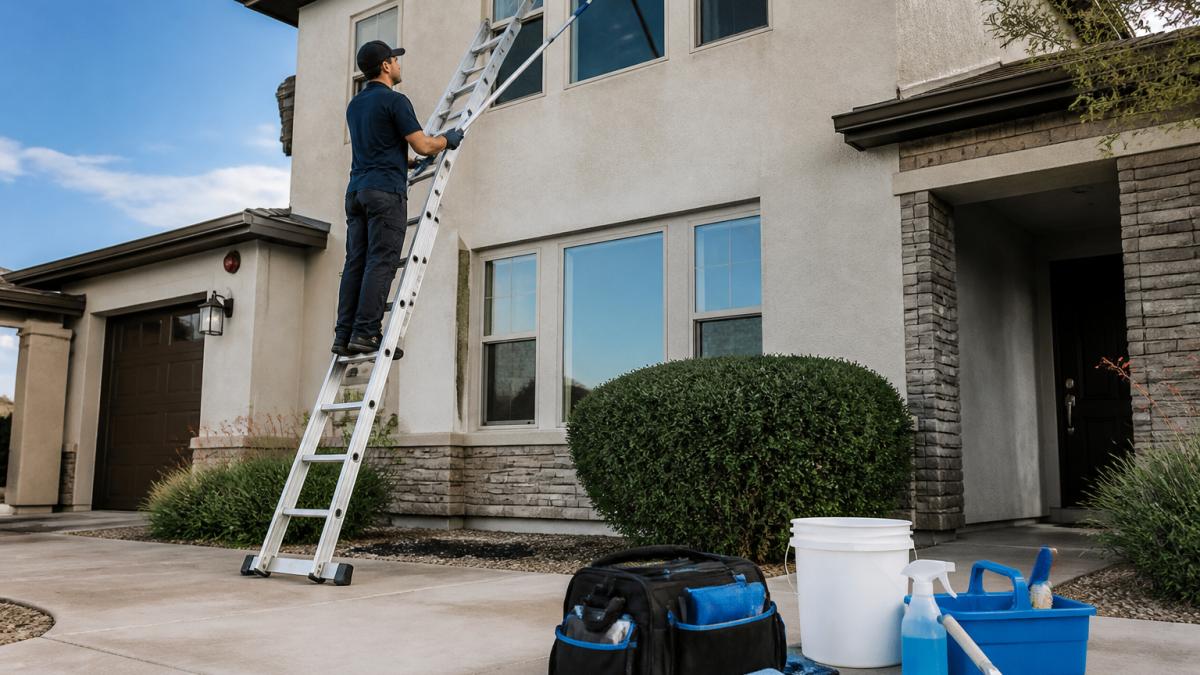 Homeowner using a telescopic pole to clean high windows safely from a secured ladder on a two-story house.