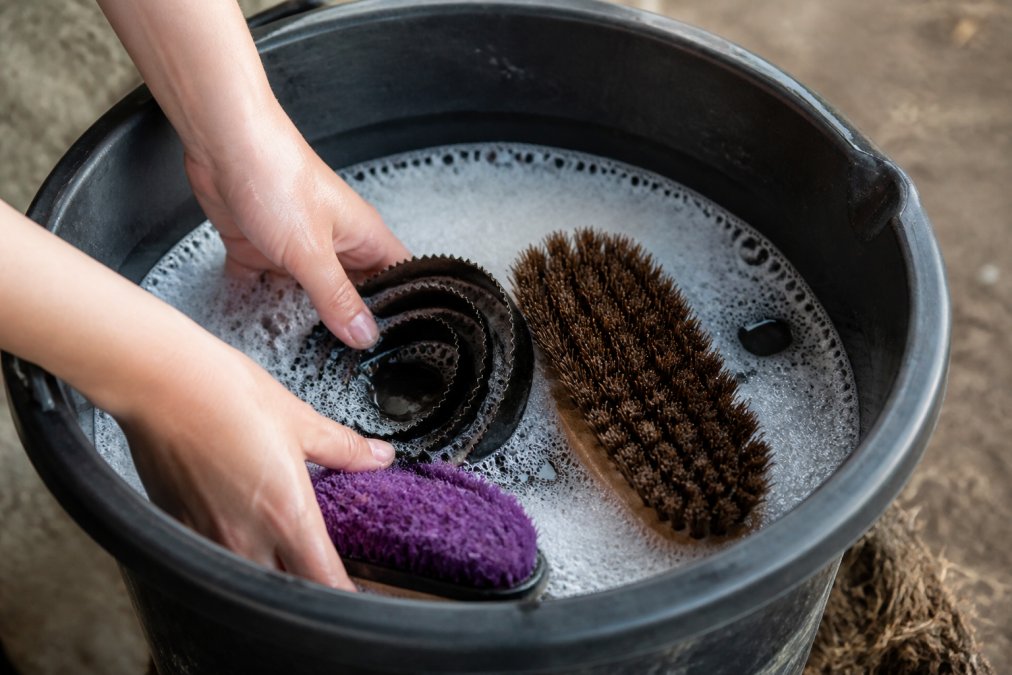 Close-up of hands soaking horse brushes in a bucket of warm soapy water, with curry comb and body brush visible submerged, showing bristles clearly in the sudsy water under natural light