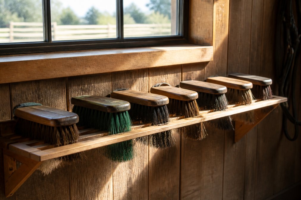 Horse brushes arranged bristles-down on a clean wooden drying rack in natural sunlight streaming through a barn window, showing proper air-dry positioning with clear bristle separation