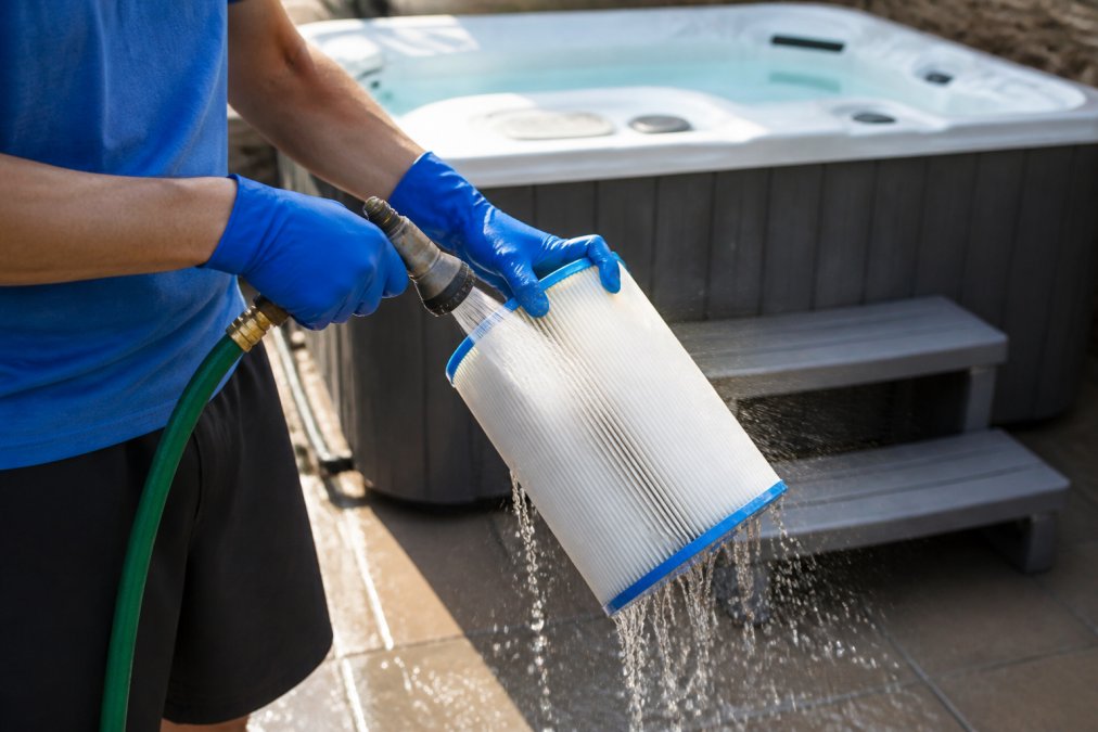 Person rinsing a pleated hot tub filter cartridge with a garden hose outdoors on a sunny patio, water spraying forcefully through the white filter pleats, rubber gloves on hands