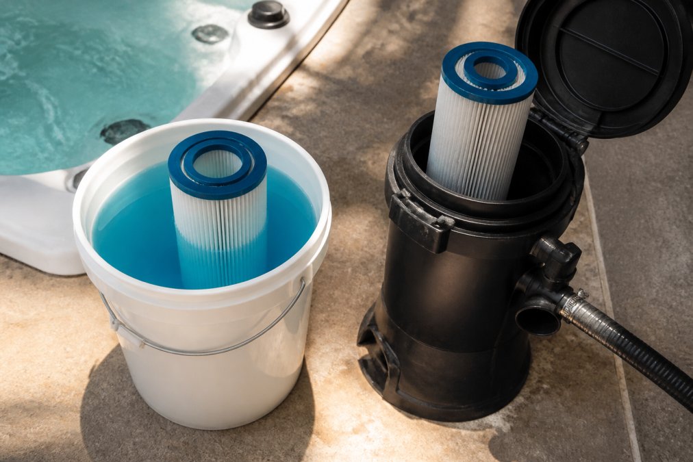 Close-up of a white hot tub filter cartridge fully submerged in a white plastic bucket of blue-tinted cleaning solution, sitting on a concrete patio beside a spa, afternoon sunlight casting shadows