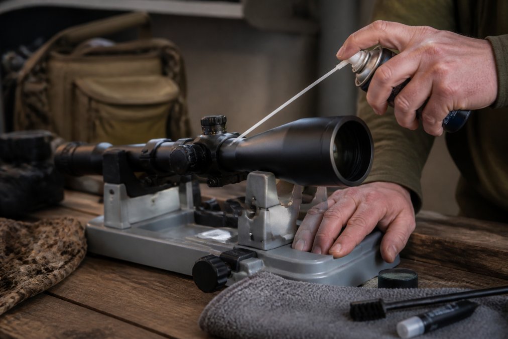Hands using compressed air canister to gently blow debris from a rifle scope objective lens, with the scope mounted on a work surface surrounded by cleaning supplies
