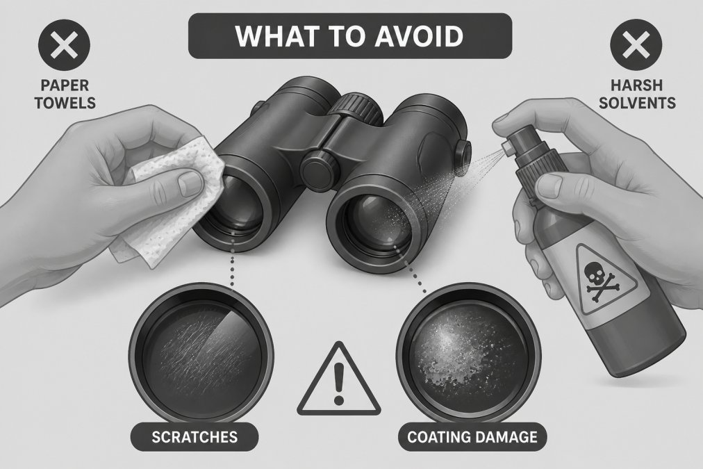Hands demonstrating incorrect cleaning techniques with paper towels and harsh solvents near hunting binoculars, showing what NOT to do with magnified view of lens damage