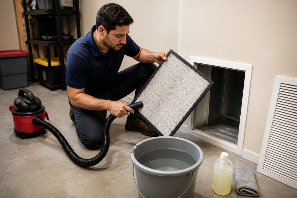 Homeowner using a vacuum to learn how to clean HVAC air filters properly near a utility sink.