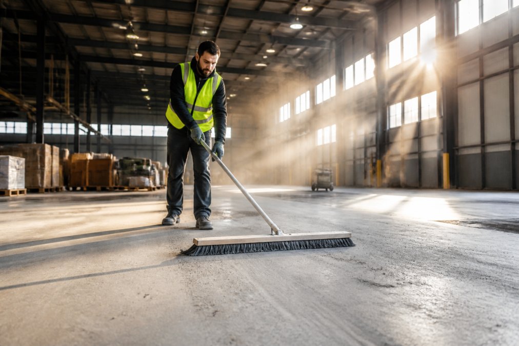 Worker in high-visibility gear dust mopping industrial concrete floors in a sunlit warehouse.