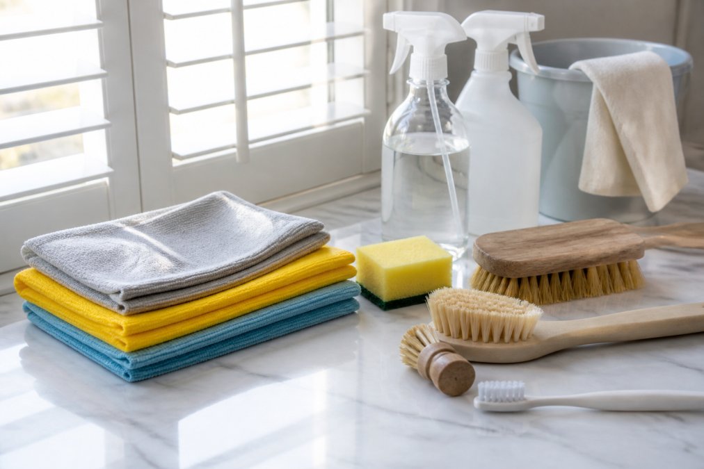 Close-up of cleaning supplies arranged on white surface: microfibre cloths folded neatly, soft-bristled brushes of varying sizes, spray bottles, soft sponges, and old toothbrush, natural daylight streaming across the items
