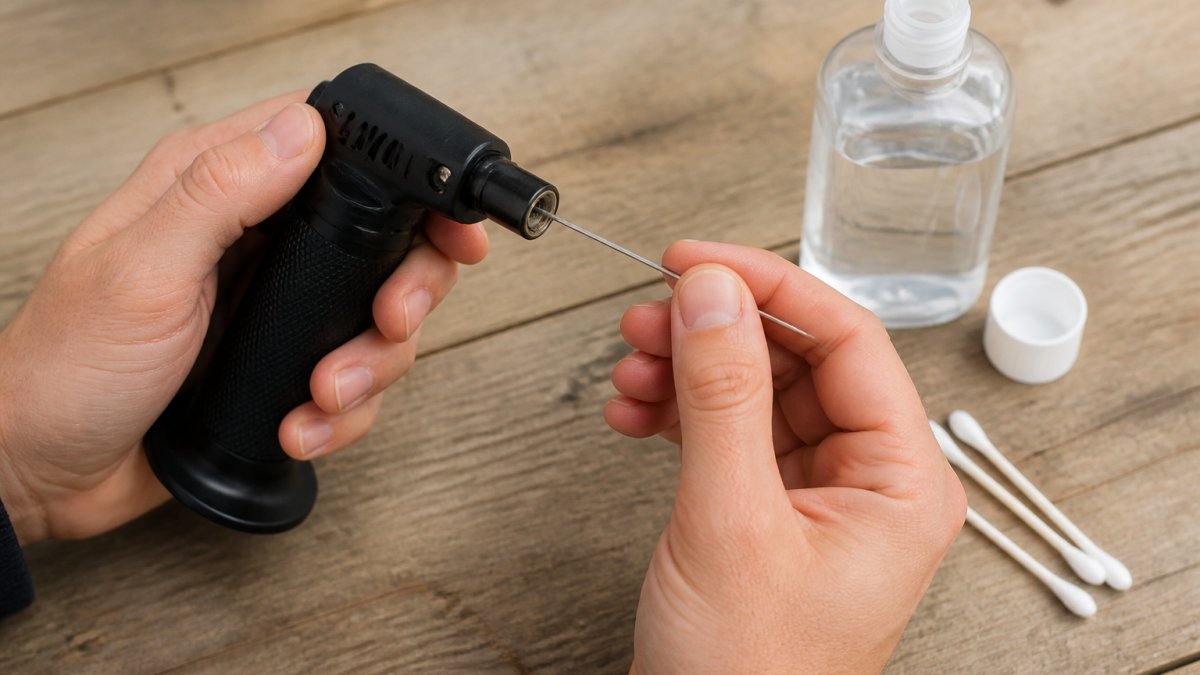 Close-up of hands holding a jet torch lighter over a cotton swab and rubbing alcohol, showing the nozzle being carefully cleaned with a thin wire tool in bright natural lighting