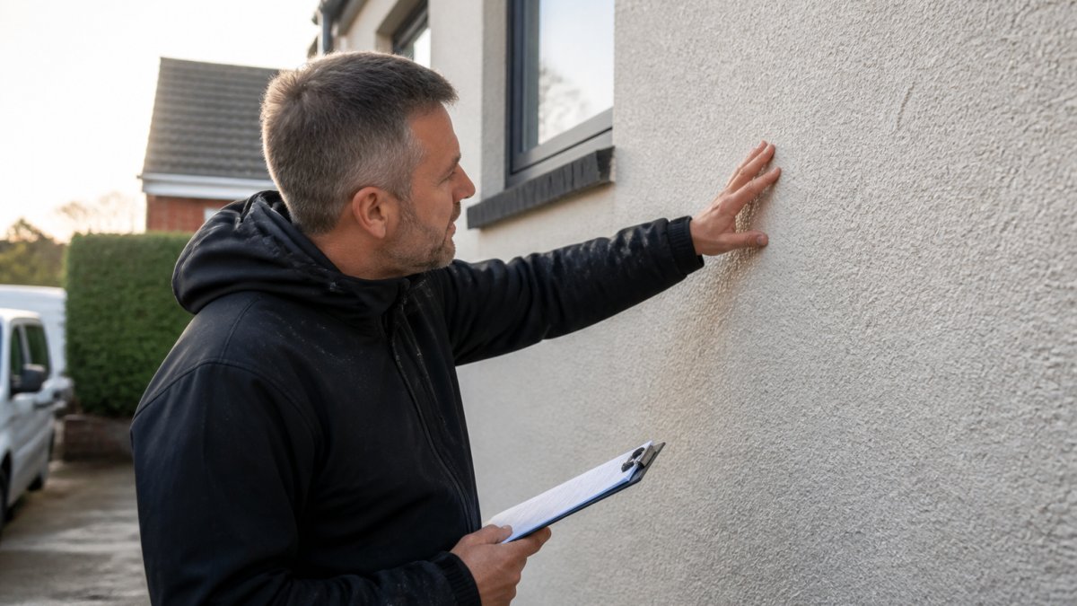 Professional inspector examining K-Rend render surface closely, checking for cracks and damage with hands, natural daylight on exterior wall, clipboard visible
