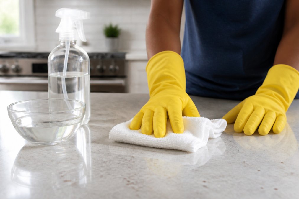 Close-up of hands wearing rubber gloves wiping a kitchen countertop with a white vinegar solution from a spray bottle, with a clean cloth and a small bowl of diluted vinegar visible nearby in a bright home kitchen