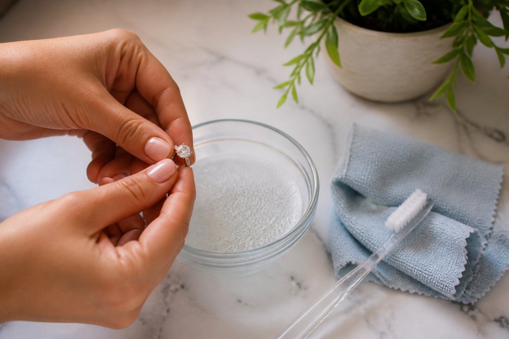 Close-up of hands holding a sparkling lab-grown diamond engagement ring over a small bowl of warm soapy water on a marble countertop, with a soft-bristled toothbrush and microfiber cloth nearby