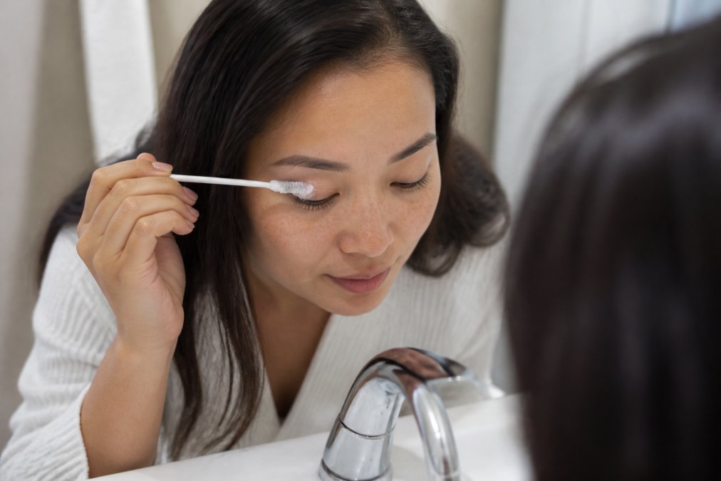 Woman using a soft brush to clean lash extensions with gentle foam at a bathroom sink